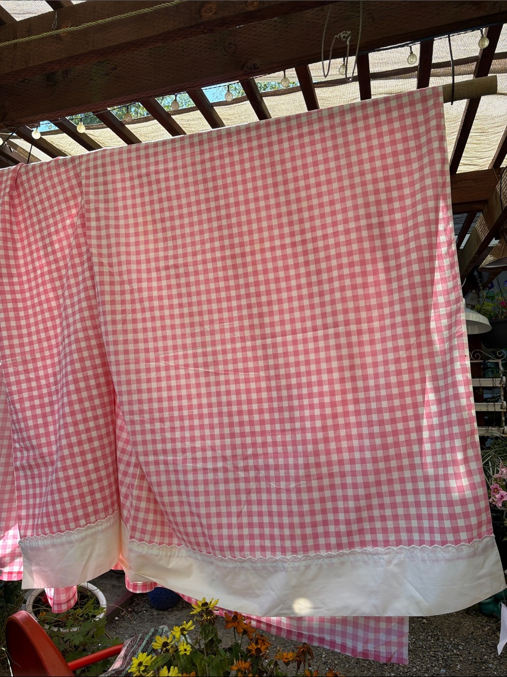Vintage twin flat sheet Pink Gingham Home Bedding Curtain Panel White Trim BB